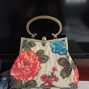 Floral Embroidered Clutch with Gold Handle
